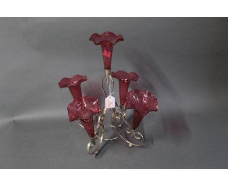 Victorian silver plated and cranberry glass epergne