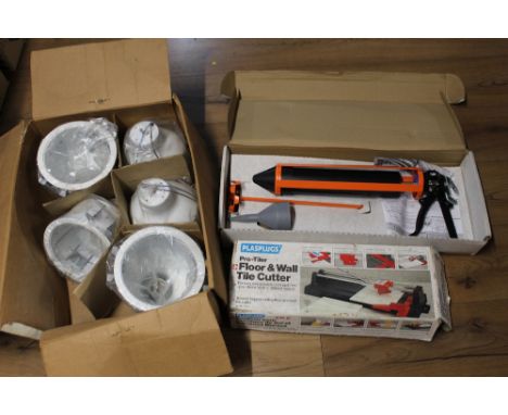Tile cutter, pointing and grouting gun, halo lighting etc