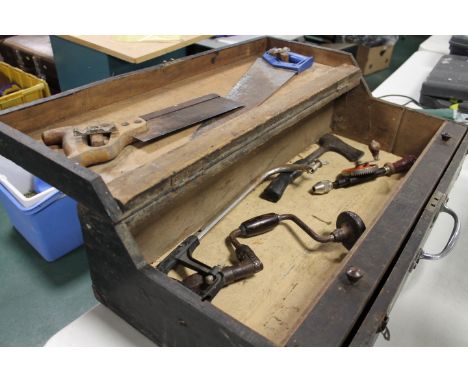 Vintage wooden toolbox and hand tools