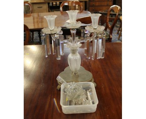 Glass candelabra or table centre, with glass droppers, height +/- 43 cm