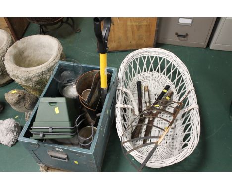 Garden tools, wooden and wicker basket, plant pots, etc