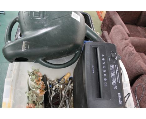 Box of spanners, hand tools, paper shredder etc