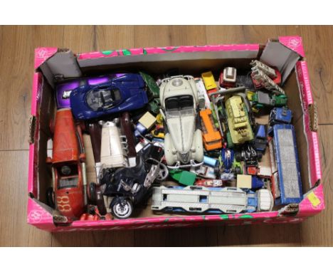 Box of diecast vehicles, Dinky Super Toys bulldozer, Corgi Major articulated trailer, car transporter etc