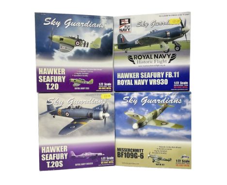 Four 1:72 scale model airplanes comprising three Skyguardians ‘Hawker Seafury’ models Royal Navy WG655, Royal Navy VR930, Roy