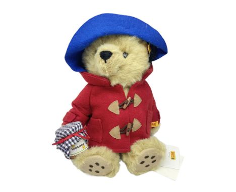 Steiff - Modern Paddington Bear circa 2007 with blue hat, red jacket and jar of marmalade, H29cm; with card label and button 