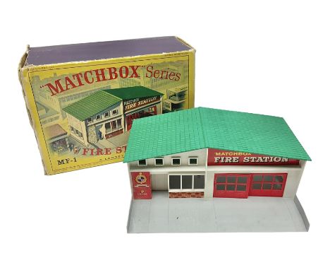 Matchbox - Series MF-1 Fire Station, in white with green roof, in original box Condition Report:Box has significant wear from