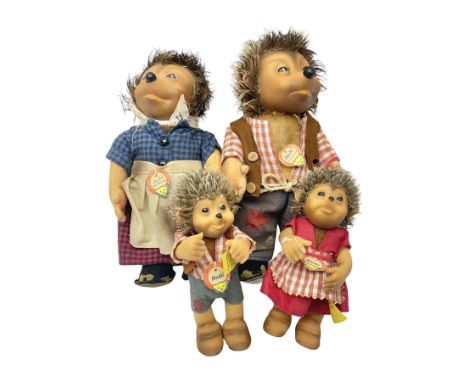 Steiff - Hedgehog family comprising Mecki, Micki, Macki and Mucki; all bearing original swing tags with only Micki lacking th