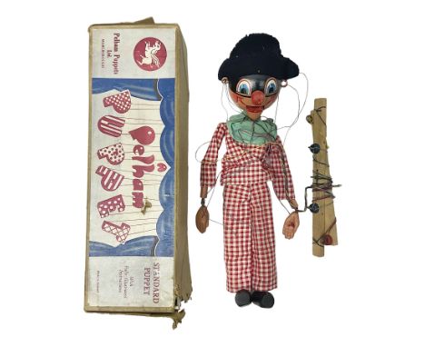 Pelham Puppet - a rare type SM Harlequin circa 1950s with painted black face mask, black felt hat, green ruff and red white c