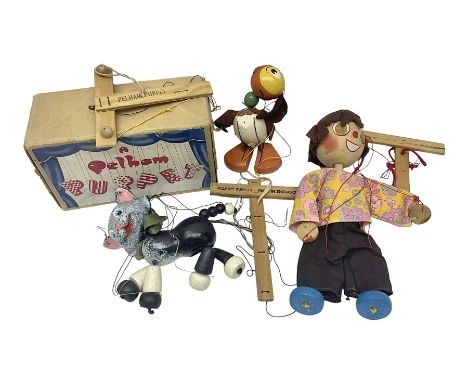 Pelham Puppet - three puppets comprising a painted wooden duck with felt mouth and wings with metal joints H12cm, in original