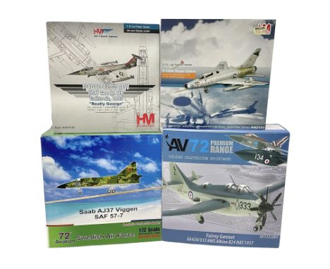 Four 1:72 scale model airplanes comprising two Aviation 72 models AV7242001 Sweden Air Force Saab AJ37 Viggen SAF 57-7 and AV