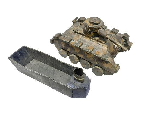 1940s French wooden eight wheel model FFI free tank, painted in brown camouflage, together with a 1940s wooden scratch built 