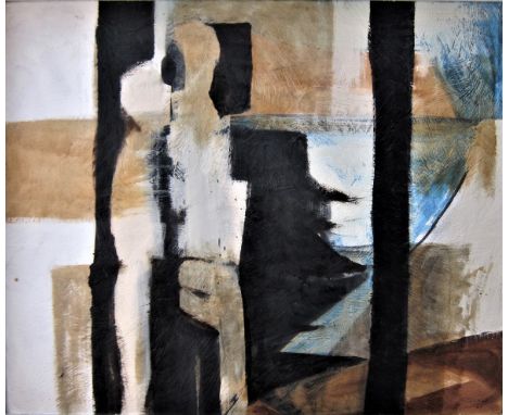 R J LLOYD [1926-2020]. 2 Figures on a Cliff, 1961. oil on board. signed and dated. 62 x 75 cm - overall including frame 78 x 