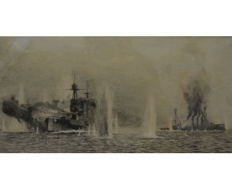 After William Lionel Wyllie, HMS Warspite in Action, signed,  etching, torn, 22cm x 42cm.