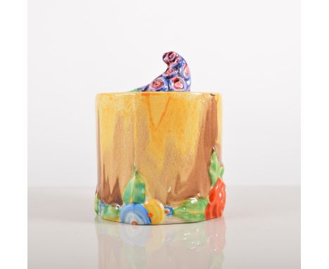 Clarice Cliff Bizarre preserve pot, "My Garden" design, 10cm.