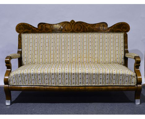 Continental walnut and marquetry sofa, shaped cresting, back, seat and arms upholstered in Regency stripe, width 178cm.