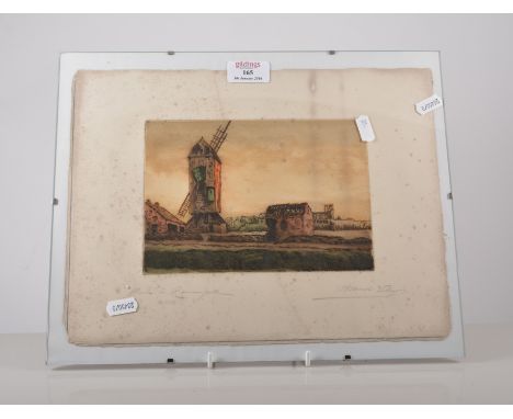 Marcel Augis, Moulin at Ramskapelle, signed and inscribed etching, hand tinted, 14cm x 20cm and a postcard booklet, Ypres Rui