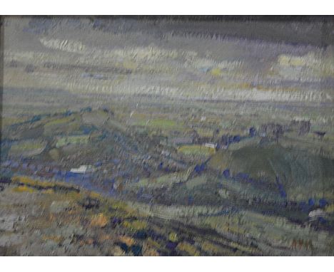 A R Madson?, from Glastonbury Tor, September Evening, oil on board, signed with initials ARM, inscribed verso, 25cm x 33cm.