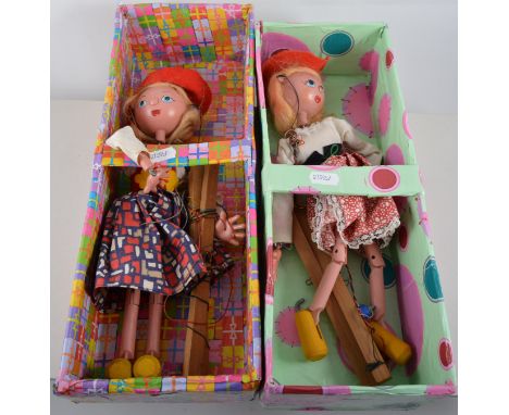 Two Pelham puppets, each of girls, an oak mantel clock, scales, binoculars, leather collar box, (1 box).