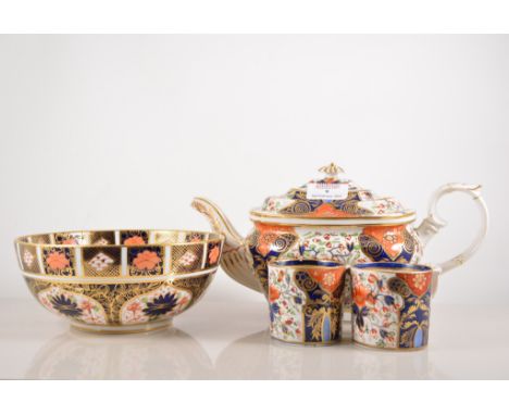 Royal Crown Derby Imari pattern bowl, diameter 19cm, a Derby Imari pattern tea pot, damaged, a pair of Derby Imari coffee can