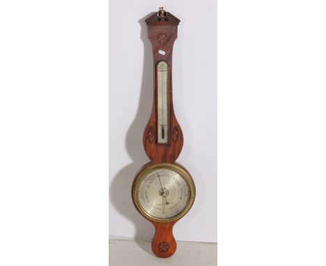 Victorian mahogany banjo barometer, architectural pediment, case with shell and floral inlay, silvered dials, one signed C Ta