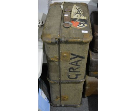 Vintage leather suitcase, 68cm, another smaller leather suitcase with partial labels, suitcase, hat box and two canvas bound 