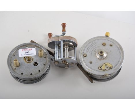 Alcock and Co fishing reel, Perfection Flick-em, diameter 9.5cm, a Hardy Brothers Super Silex fishing reel, a Hardy fishing r