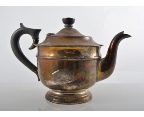 Silver three piece tea set, comprising tea pot, ebonised handle and finial, EV (Viner)Sheffield 1947, height 16cm, milk jug a