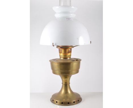Brass oil lamp, complete with opaque shade and chimney, 62cm overall.
