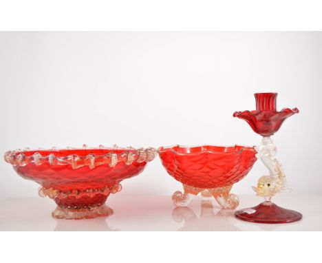 Italian moulded ruby glass bowl, crimped rim with aventurine flex, diameter 23cm, a similar bowl with scrolled feet and a can