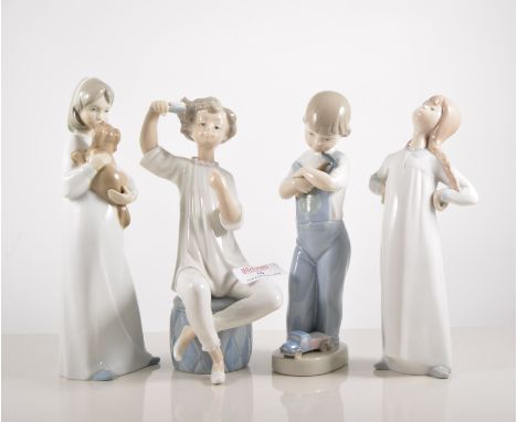 Lladro porcelain model, Brushing Hair, height 21cm, a Lladro model of a Boy, damaged and two Nao models, (4).