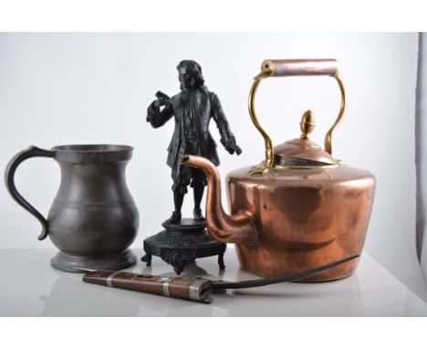 Copper kettle, acorn finial, plain loop handle, height 28cm, spelter model of Shakespeare, Cobblers Lasts, brass and metalwar
