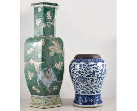 Chinese famille verte vase, hexagonal form, decorated with Dragons and Temple Lions on a scrolled ground, height 50cm, a blue