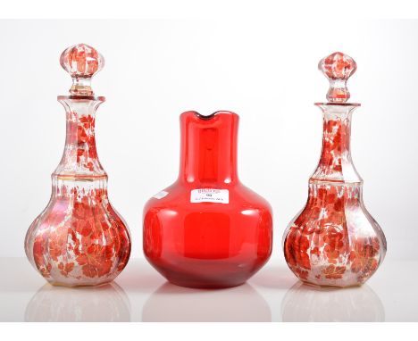 Pair of Continental ruby tinted and gilt decanters, octagonal form, with stoppers, height 26cm, a pair of cranberry glass sal