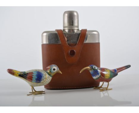 Two Cloisonne enamelled birds, mahogany box, rosewood box, plated flask, costume jewellery, jewellery box, tin trunk.