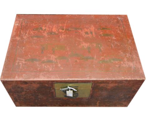 Chinese red lacquer and chinoiserie trunk, painted with figurative scenes, large brass hasp plate, width 89cms, height 40cm, 