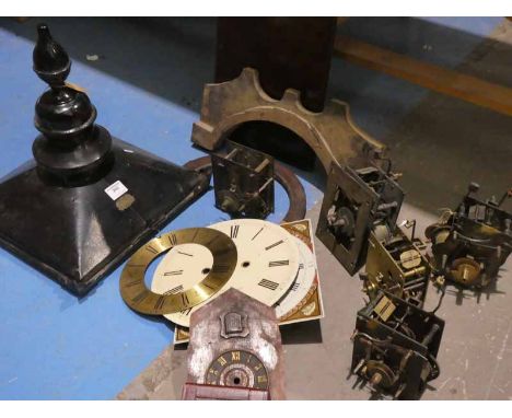 Two, 30 hour long-case clock works and case accessories, plus two eight day long-case clock movements and 19th century lanter