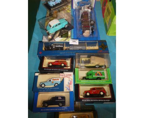 Thirteen unopened model vehicles, mainly small commercials.
