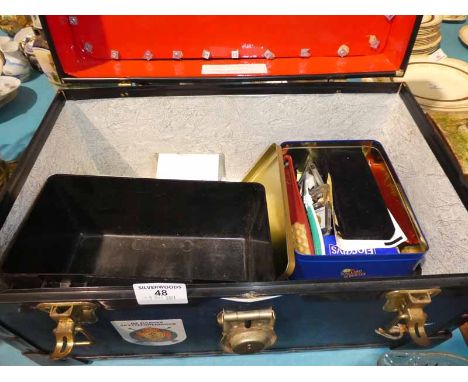 A small travel trunk and contents including four model vehicles and a box of curios