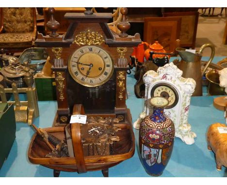 A wooden mantle clock, a cuckoo clock, a porcelain cased clock, small wooden trug and damaged cloissone vase