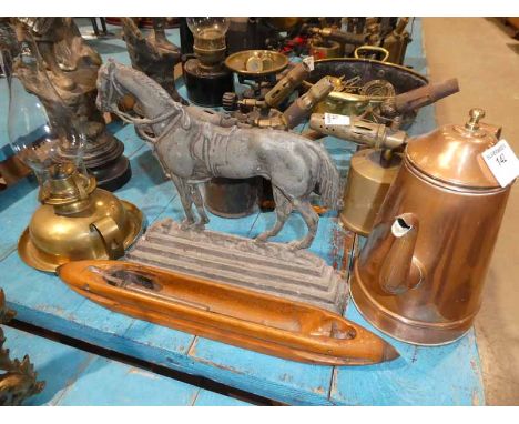 Copper coffeepot, horse doorstop, weaving shuttle and oil lamp