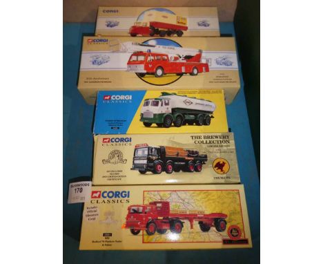 A group of five Corgi commercial haulage vehicles including: 24202 Leyland Octopus Tanker, 20901 AEC, 97911 Scammell Scarab, 