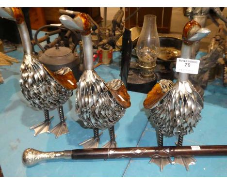 Inlaid walking stick and three modern metal ornamental ducks