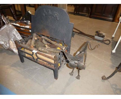 Cast iron fire basket, fire back and wrought iron model cat