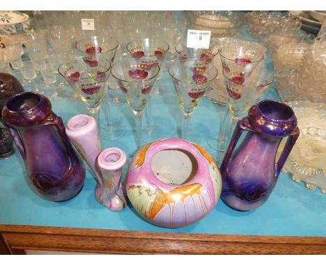 Set of six painted wine glasses, pink lustre vases and Paul Klee print (11)