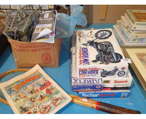 A collection of vintage toys including Airfix models, Fisher Technik Tower Crane, Harley Davidson Low-Rider model, die-cast v