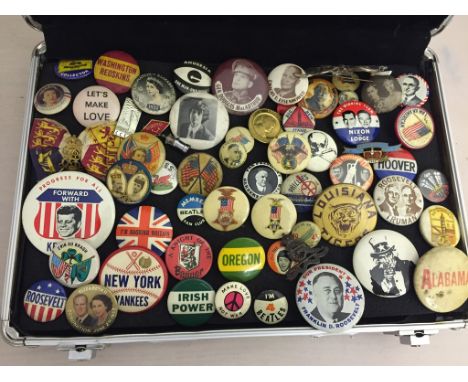 A box of vintage badges to inc Beatles and Rolling Stones, 1950's American & Sports/ presidential badges/medallions