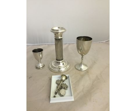 Italian silver candlestick cups; together with a bell and coins bracelet