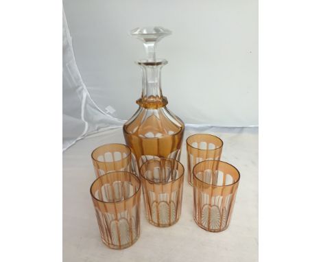 An orange flasked decanter and glasses; together with a box of odds to inc tins and cards