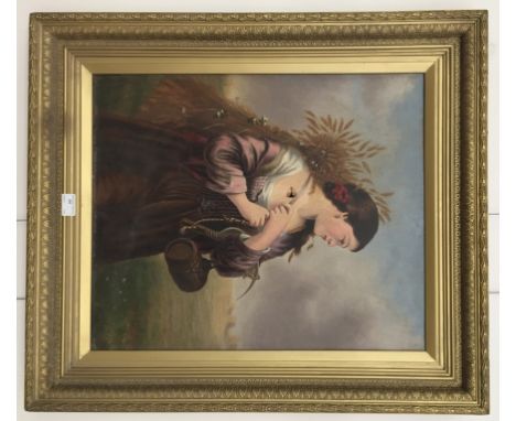 English School (19th century): A portrait of a lady in a landscape at harvest time, oil on canvas, H 58 x W 49 cm