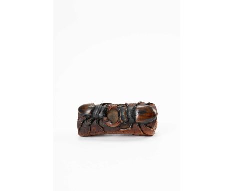 A LARGE BOXWOOD NETSUKE OF TWO STAG BEETLES BY MICHAEL WEBB (1932-2009)DATED 1987The large insects depicted on a section of b